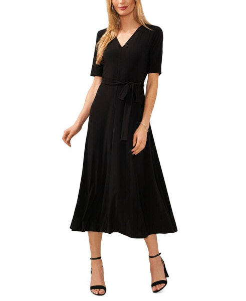 Petite V-Neck Short-Sleeve Belted Jersey Midi Dress