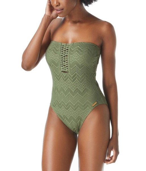 Vince Camuto Womens Crochet Bandeau One-Piece Swimsuit Safari Green Size 8