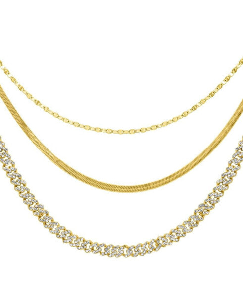 Gold Adjustable Valentina, Herringbone and 8mm Crystal Curb Chain Necklace Set