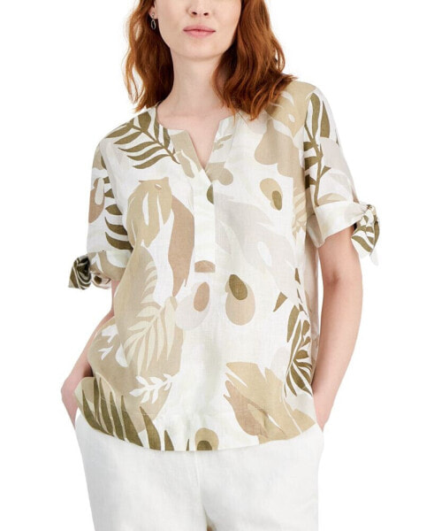 Women's 100% Linen Palm-Print Split-Neck Top, Created for Macy's