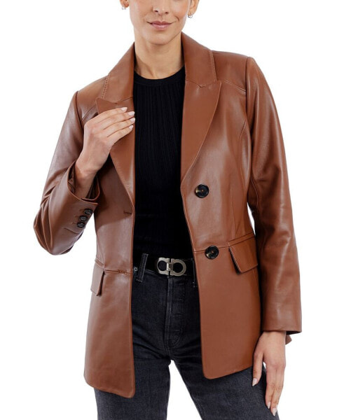 Women's Leather Button-Front Blazer Coat