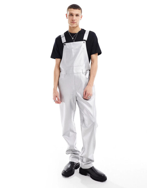 ASOS DESIGN leather look dungaree in silver