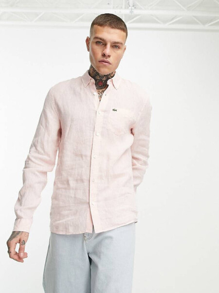 Lacoste logo linen long sleeve shirt in light pink