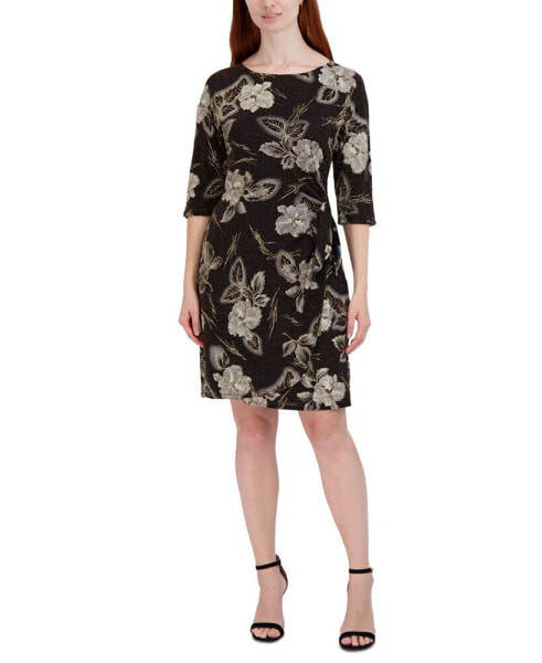 Petite Floral-Print Side-Knot 3/4-Sleeve Sheath Dress