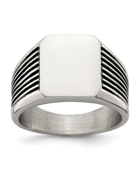 Stainless Steel Polished with Black Enamel Signet Ring