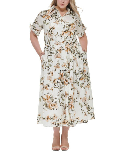 Plus Size Cotton Printed Tie-Waist Shirtdress