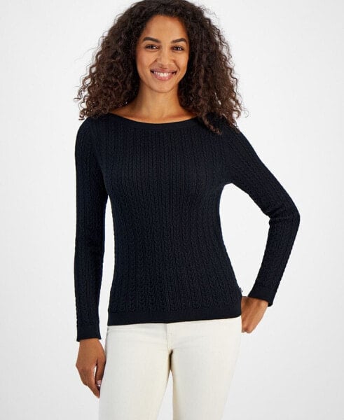 Women's Cable Knit Cotton Boat Neck Sweater