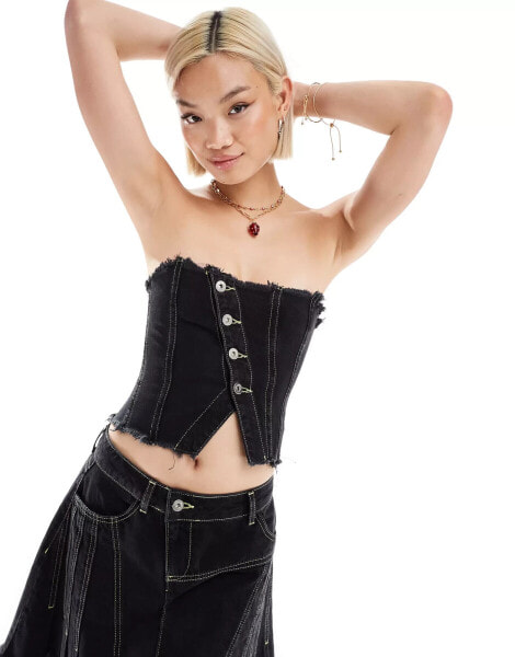 COLLUSION asymetric denim seam detail festival bandeau co-ord in black