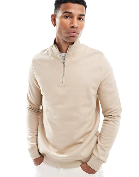 ASOS DESIGN sweatshirt with half zip in beige