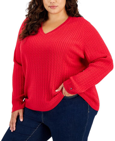 Plus Size Cable-Knit V-Neck Ivy Sweater