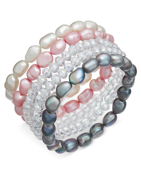 5-Pc. Set White, Pink & Gray Cultured Freshwater Baroque Pearl (7mm) and Rondel Crystal Stretch Bracelets