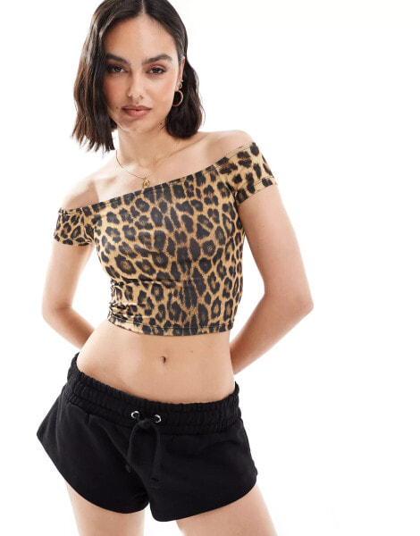 Pull&Bear bardot crop top in leopard print