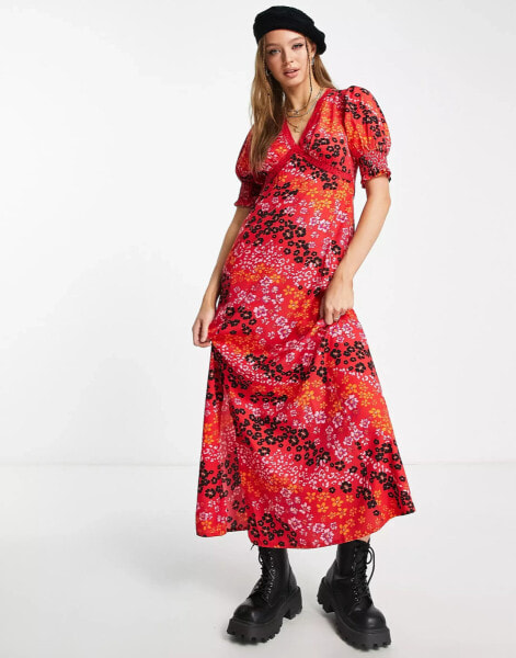 Influence – Maxi-Freizeitkleid mit gesmokten Ärmeln, Spitzenbesatz und Blumenmustermix