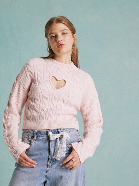 Miss Selfridge cut out heart cable knit jumper in soft pink