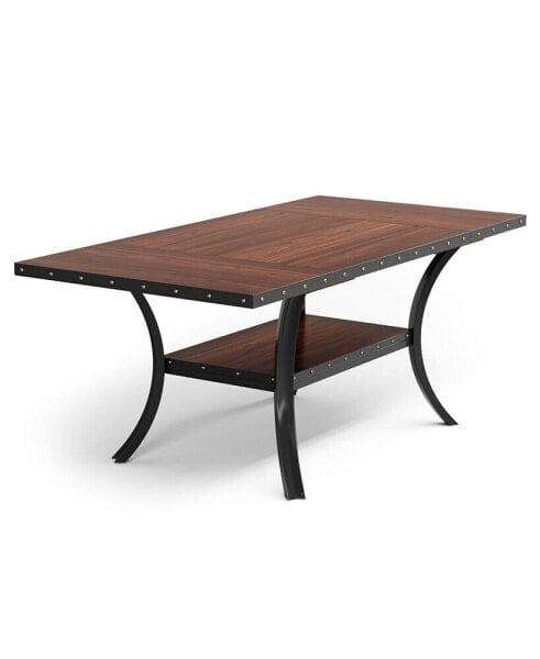 62 Inches Dining Table for 6, Rectangular 2-Tier Dinner Table, Wooden Kitchen Table with Strong Metal Frame, Vintage Large Dining Room Table with Rivet Edges