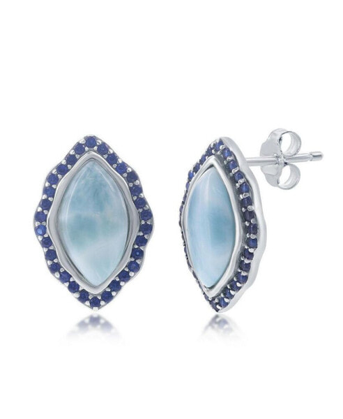 Sterling Silver Marquise Larimar with Sapphire CZ Border Stud Earrings