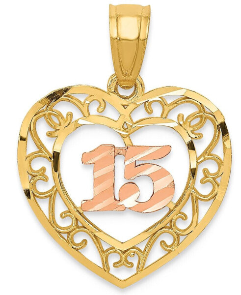Diamond-cut "15" Heart Charm Pendant in 14k Yellow & Rose Gold