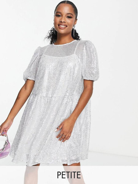 Collective the Label Petite exclusive puff sleeve sequin mini dress in silver