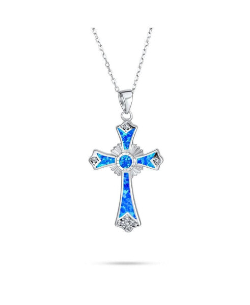 Created Blue Synthetic Opal CZ Christian Eternal Circle Cross Pendant Necklace For Women Sterling Silver