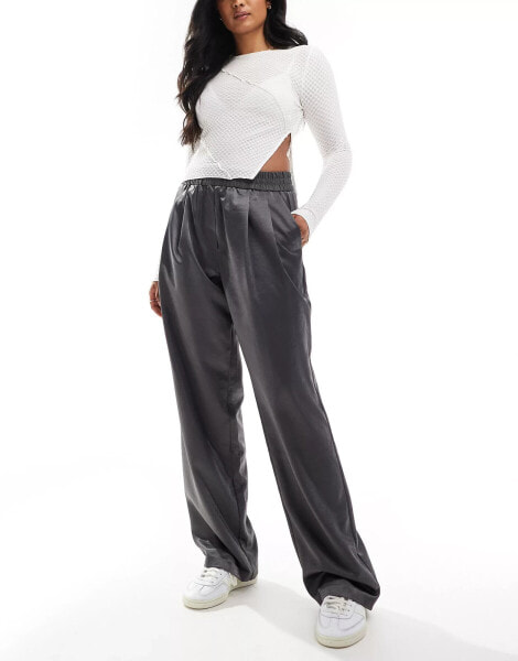 ASOS DESIGN satin pull on relaxed trouser in grey shimmer