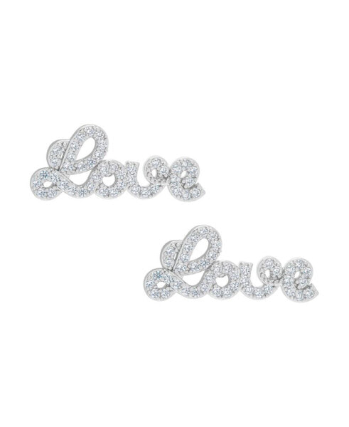 Silver Plated Brass Cubic Zirconia Script Love Stud Earrings