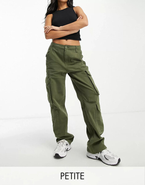 Bershka Petite drawstring waist cargo trousers in khaki