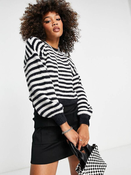 ONLY fluffy knit slouchy jumper in black stripe