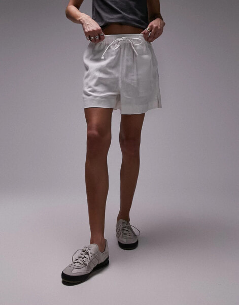 Topshop plain linen drawstring short in white