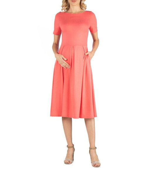 Maternity Midi Dress with Short Sleeve and Pocket Detail