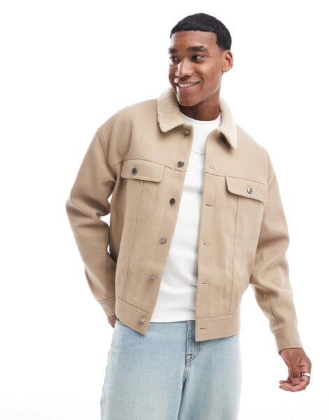 ASOS DESIGN oversized wool look harrington jacket in stone with borg collar