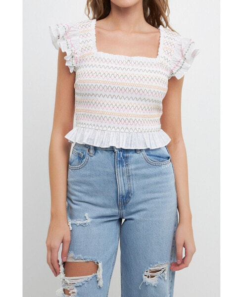 Women's Smocked Multi Color Embroidered Crop Top