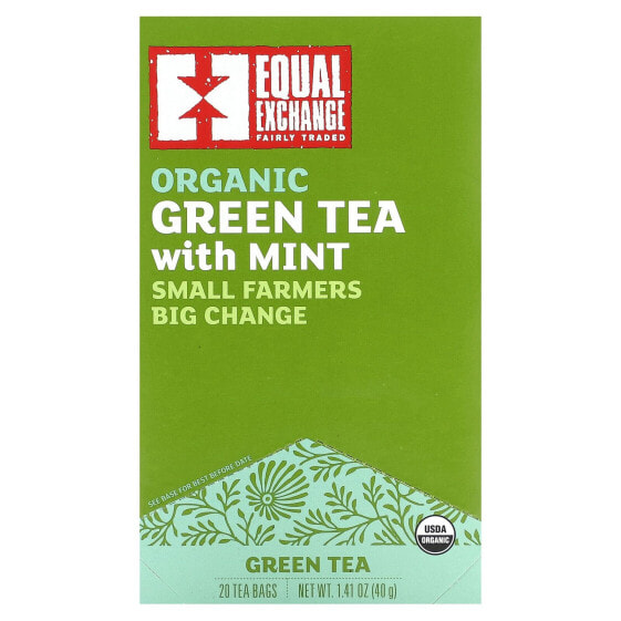 Equal Exchange, Органический зеленый чай с мятой, 20 чайных пакетиков, 40 г (1,41 унции)