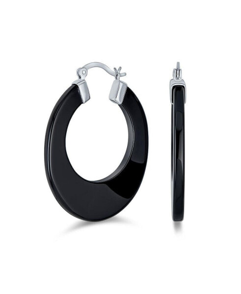 Wide Flat Black Gemstone Large Oval Hoop Earrings Western Jewelry For Women Teen .925 Sterling Silver 1.5" Diameter