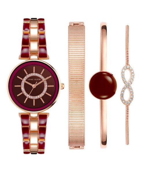 Women's Rose Gold-Tone Alloy Bracelet with Burgundy Enamel and Crystal Accents Fashion Watch 34mm Set 4 Pieces