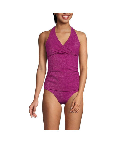 Women's Chlorine Resistant Shine V-neck Halter Tankini Swimsuit Top