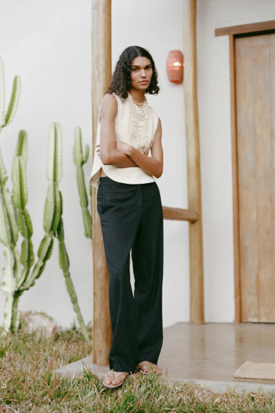 WIDE-LEG LINEN-BLEND TROUSERS