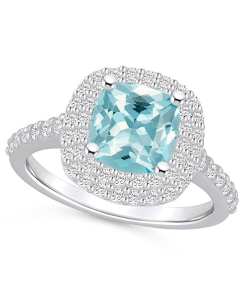 Aquamarine and Diamond Accent Halo Ring in 14K White Gold