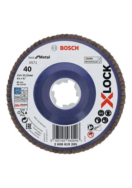 Bosch X-LOCK Fächerschleifscheibe, gerade Ausführung, Kunststofftragplatte, Ø115 mm, K 40, X571, Best for Metal, 1 Stück D = 115 mm; K = 40, gerade