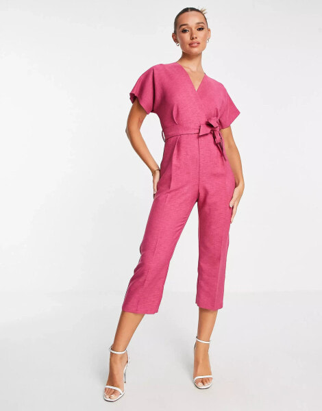 Closet London tie waist kimono jumpsuit in plum