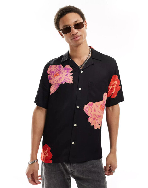 AllSaints Roze short sleeve shirt in black floral