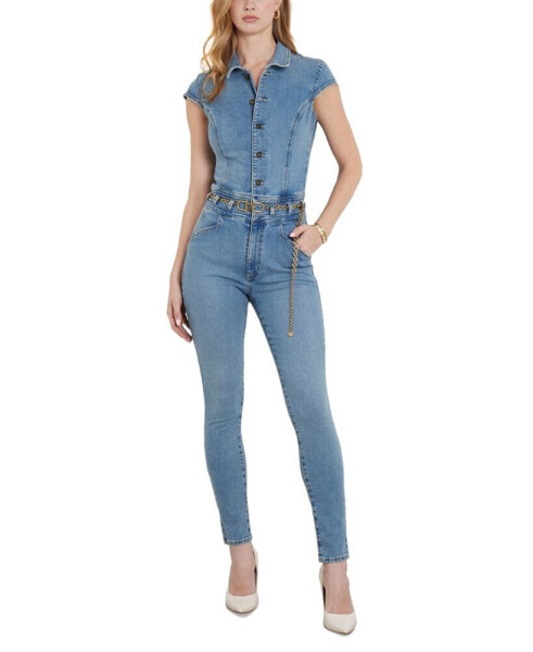 Nova Denim Cap-Sleeve Skinny-Leg Jumpsuit