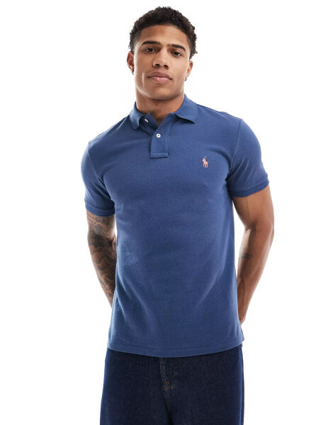 Polo Ralph Lauren icon logo slim fit pique polo in mid blue