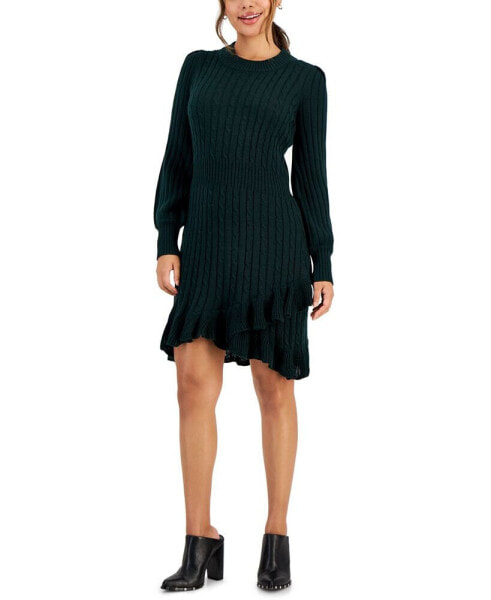 Petite Ruffled-Hem Cable-Knit Sweater Dress