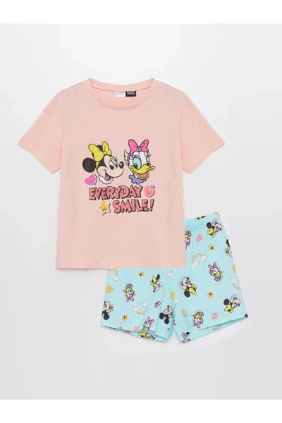 LCW Kids Bisiklet Yaka Minnie Mouse Baskılı Kısa Kollu Kız Çocuk Şortlu Pijama Takımı