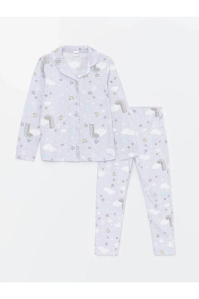 LCW Kids Gömlek Yaka Desenli Uzun Kollu Kız Çocuk Pijama Takımı