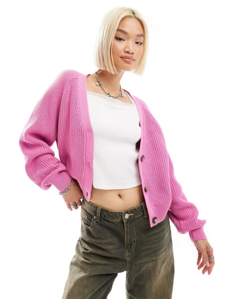 Monki cable rib knitted cardigan in pink