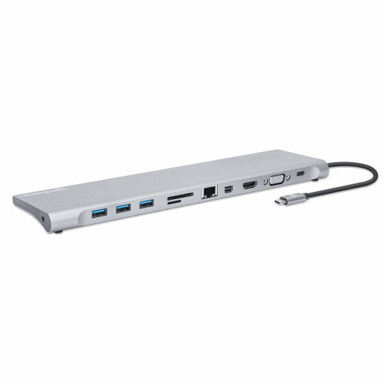 Manhattan USB-C Dock/Hub with Card Reader and MST - Ports (x9): Audio 3.5mm - Mini DP - Ethernet - HDMI - USB-A (x3) - USB-C and VGA - With Power Delivery (100W) to USB-C Port (Note add USB-C wall charger and USB-C cable needed),All Ports can be used at the same ti