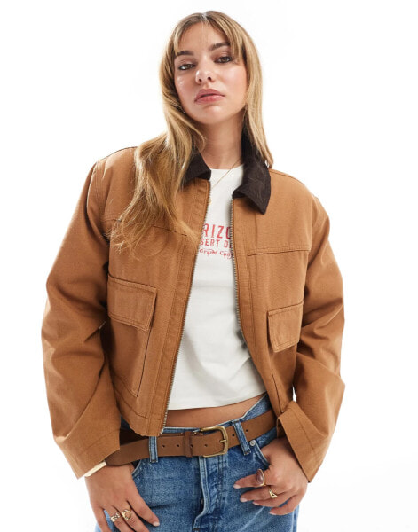 ASOS DESIGN cropped pocket canvas jacket in toffee