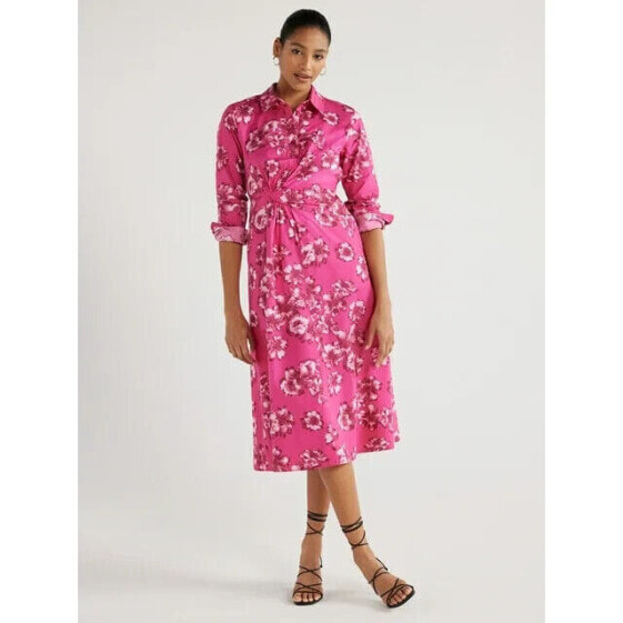 Scoop Side Knot Poplin Midi Shirtdress Women's Pink Cotton Pullover Floral S 4-6