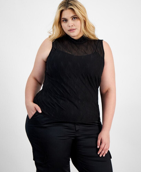 Trendy Plus Size Textured Mesh-Overlay Tank Top, Created for Macy's